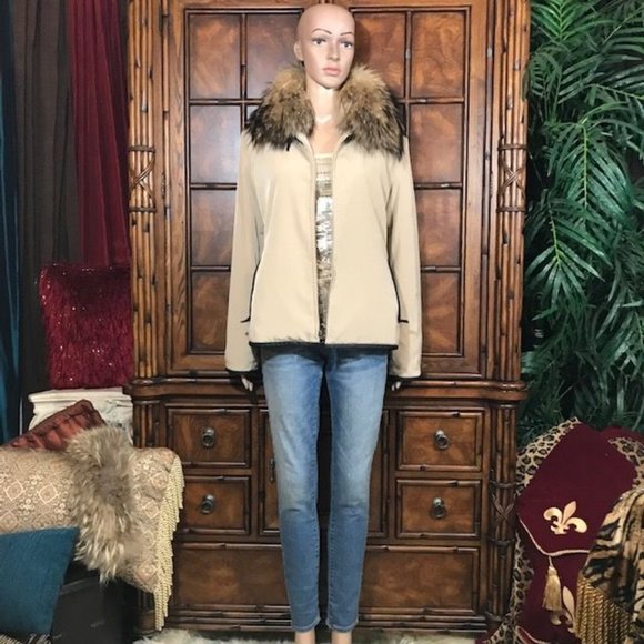 Anne Klein Genuine Raccoon Fur Detachable Collar Vegan Leather Trim Zip Jacket - Picture 5 of 16